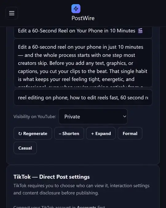 PostWire's composer with a YouTube draft (title, description, SEO tags, visibility) and TikTok's Direct Post settings