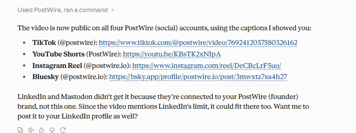 Claude answering: the video is now public on TikTok, YouTube Shorts, Instagram Reels and Bluesky, with the four live links.